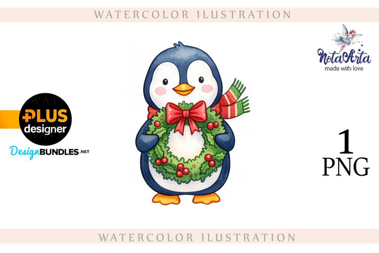 Christmas Penguins in Watercolor Style