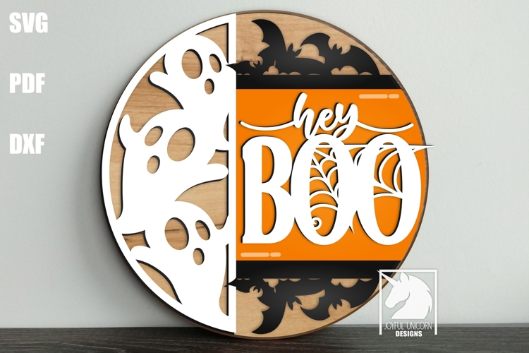 Hey Boo Door Hanger SVG | Halloween Ghost Welcome Round Sign