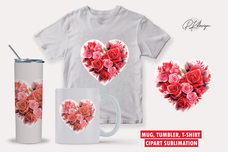 Watercolor valentine day rose heart clipart sublimation