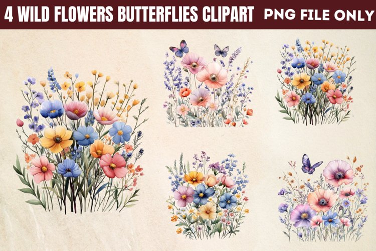 Wild flowers butterflies and dragonfly Clipart PNG