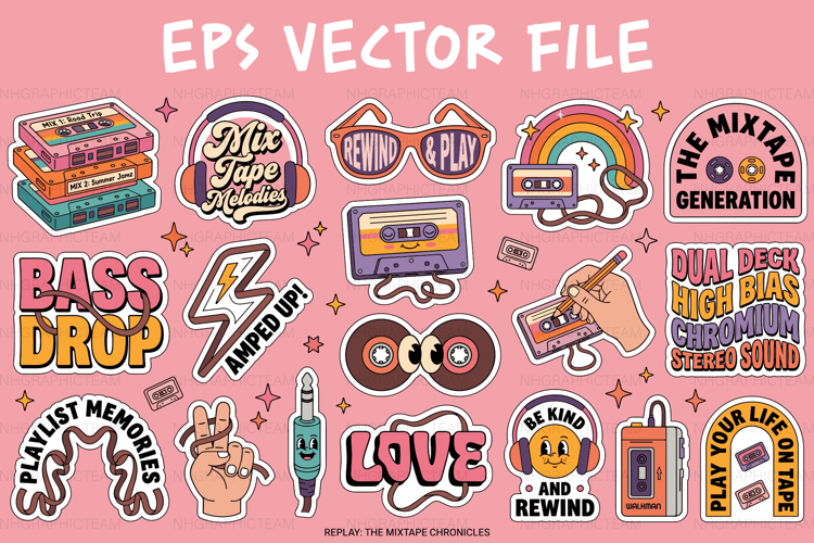 Retro Cassette Tape Sticker Bundle For Crafters - EPS Vector