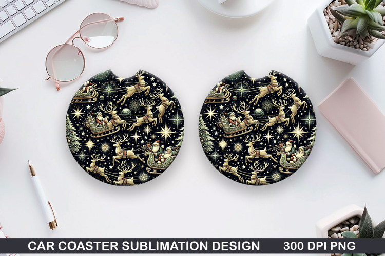 Christmas Reindeer Sleigh Car Coaster Sublimation PNG