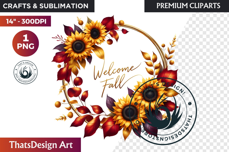 Sunflower Autumn Wreath - Rustic Farmhouse Harvest PNG
