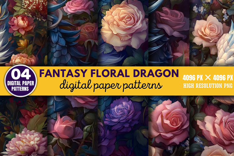 Fantasy Floral Dragon Digital Paper PNG