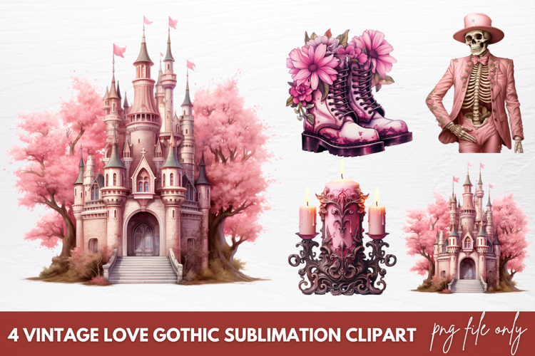 Vintage Love Gothic Sublimation Clipart, Pink Halloween