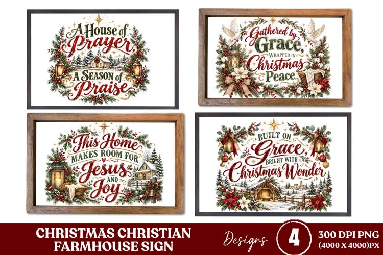 4 Christian Christmas Farmhouse Sign PNGs, 4 Rustic Christma example image 1