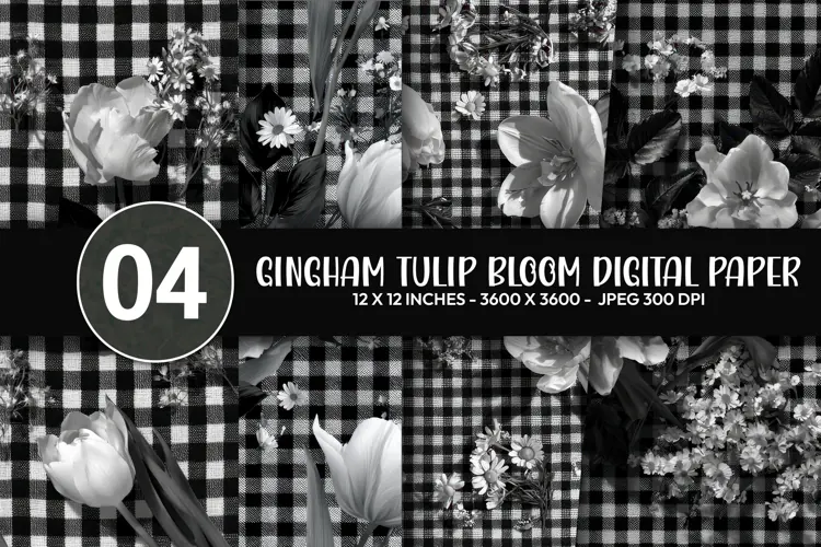 Gingham Tulip Bloom Digital Paper