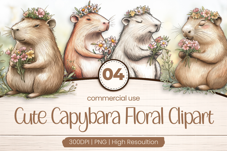 Cute Capybara Floral Clipart PNG