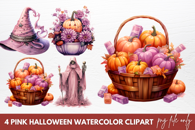 Pink Halloween Watercolor Clipart