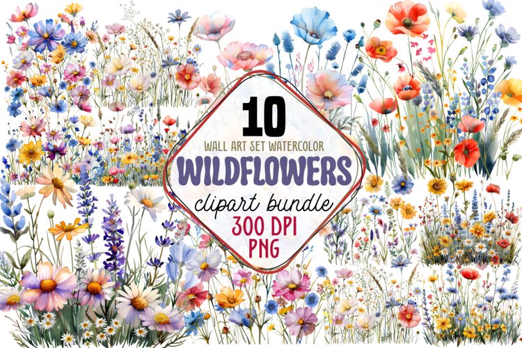 Wall Art Set Watercolor Wildflowers Clipart Bundle
