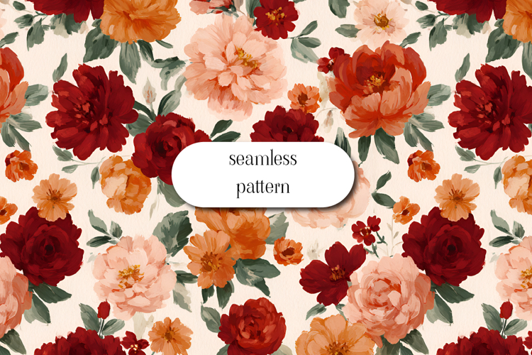 Red and Orange Floral Seamless Pattern, Vintage Roses