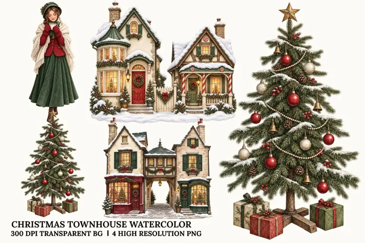 Christmas Girl PNG, Winter Townhouse Watercolor Sublimation