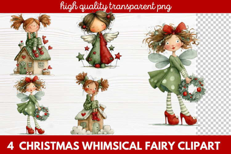 4 Christmas Whimsical Fairy Clipart | Cute Holiday Fairies