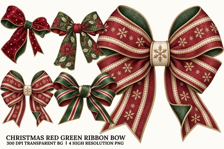Christmas Red Green Bow PNG, Festive Ribbon Sublimation Art example image 1