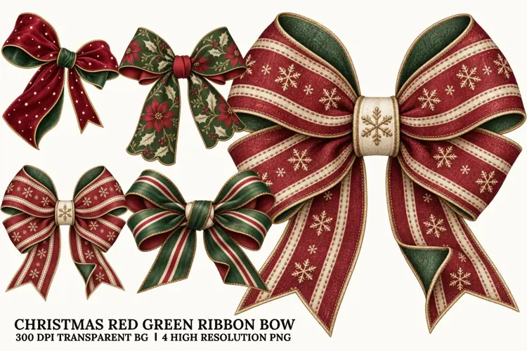 Christmas Red Green Bow PNG, Festive Ribbon Sublimation Art
