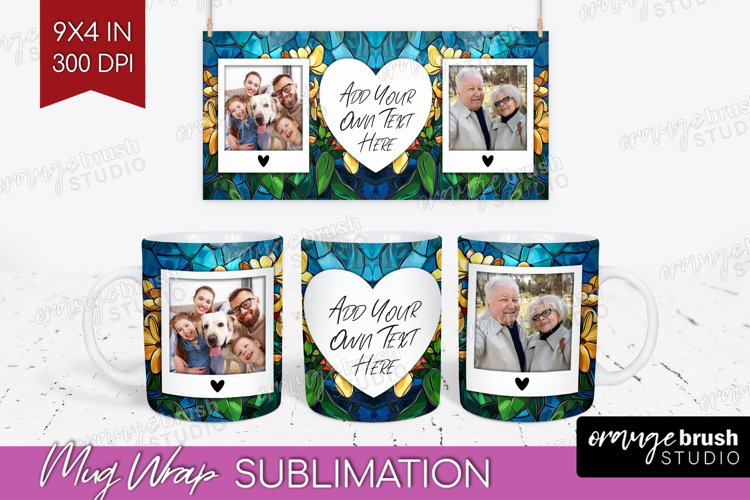 Stained Glass Photo Mug Wrap PNG - Flowers Picture Frame Mug