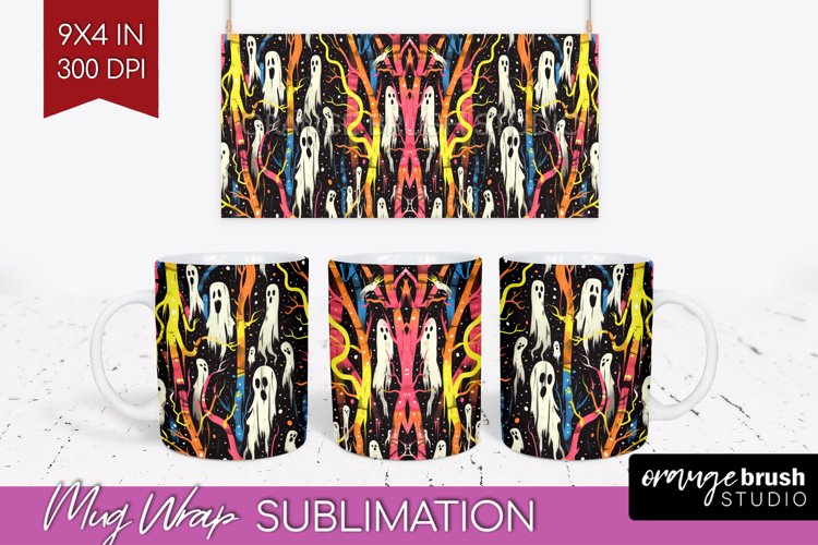 Neon Halloween Mug Wrap - Spooky Mug Sublimation Designs example image 1