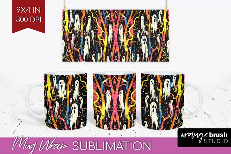 Neon Halloween Mug Wrap - Spooky Mug Sublimation Designs