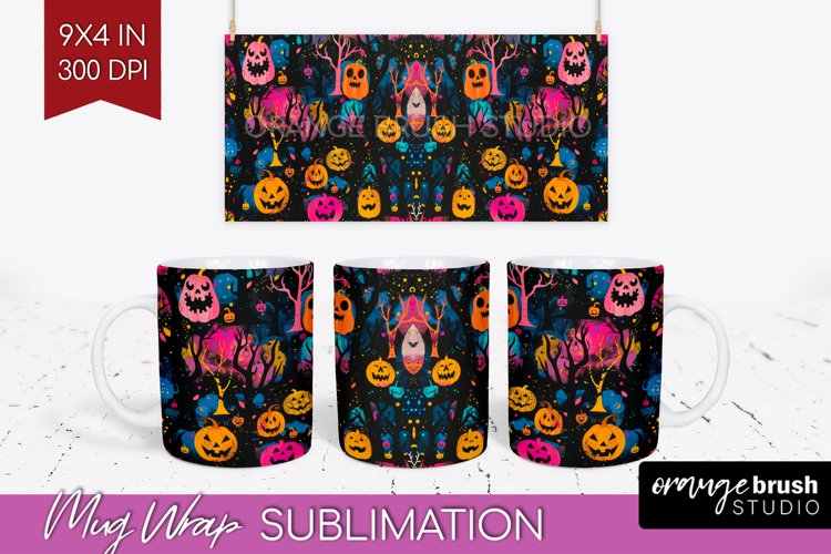 Neon Halloween Mug Wrap - Spooky Mug Sublimation Designs example image 1