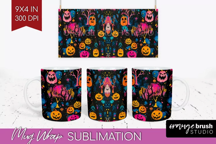 Neon Halloween Mug Wrap - Spooky Mug Sublimation Designs