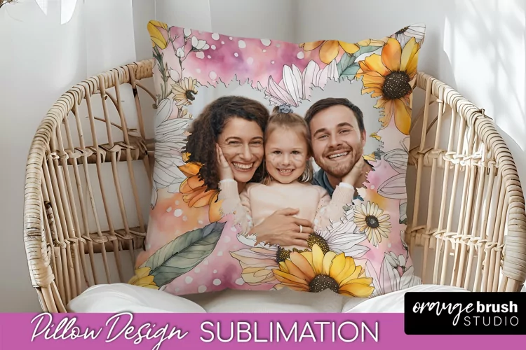 Family Photo Frame Pillow Sublimation - Floral Pillow Cover
