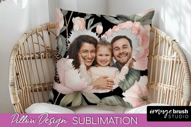 Family Photo Frame Pillow Sublimation - Floral Pillow Cover