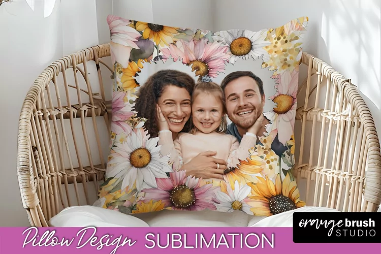 Family Photo Frame Pillow Sublimation - Floral Pillow Cover