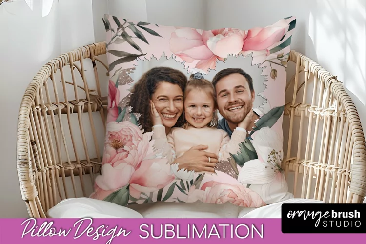 Family Photo Frame Pillow Sublimation - Floral Pillow Cover