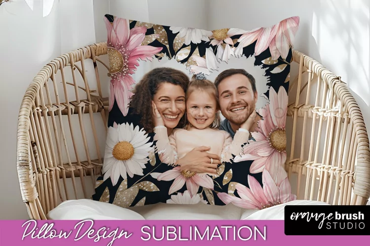 Family Photo Frame Pillow Sublimation - Floral Pillow Cover