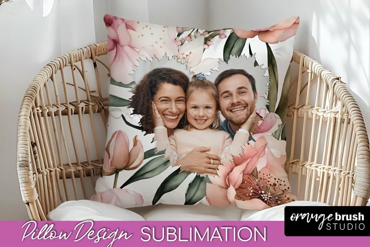 Family Photo Frame Pillow Sublimation - Floral Pillow Cover