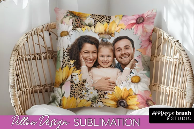 Family Photo Frame Pillow Sublimation - Floral Pillow Cover