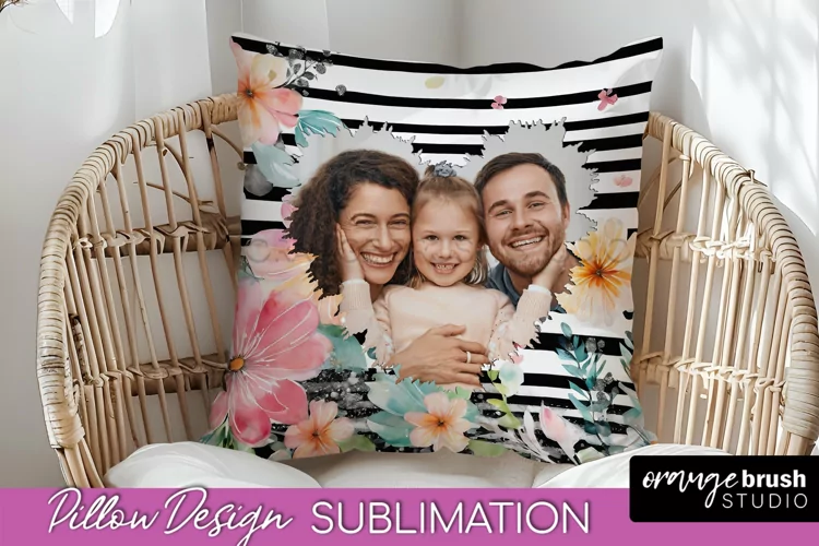 Family Photo Frame Pillow Sublimation - Floral Pillow Cover