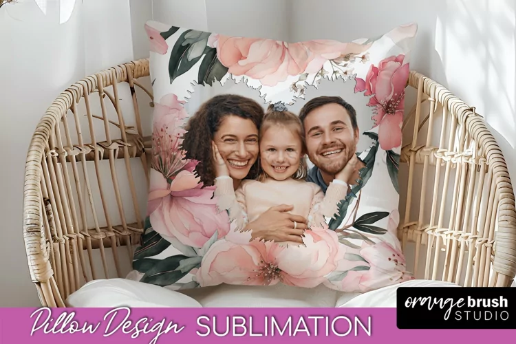 Family Photo Frame Pillow Sublimation - Floral Pillow Cover