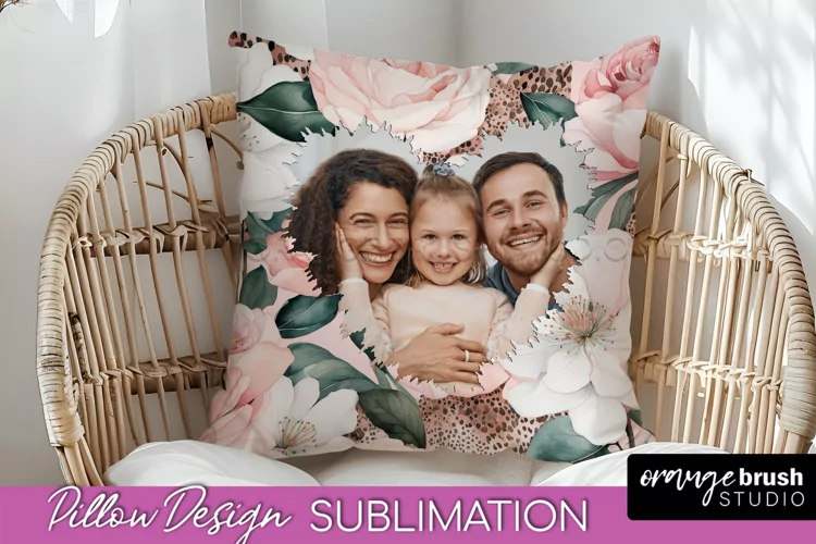 Family Photo Frame Pillow Sublimation - Floral Pillow Cover
