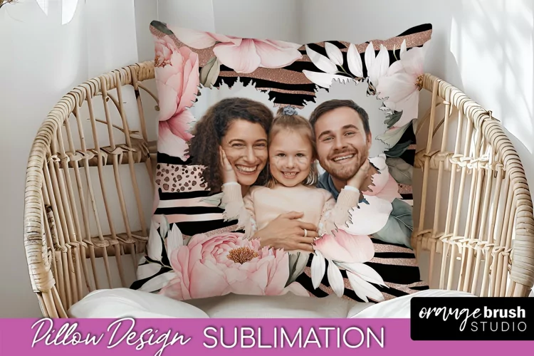 Family Photo Frame Pillow Sublimation - Floral Pillow Cover