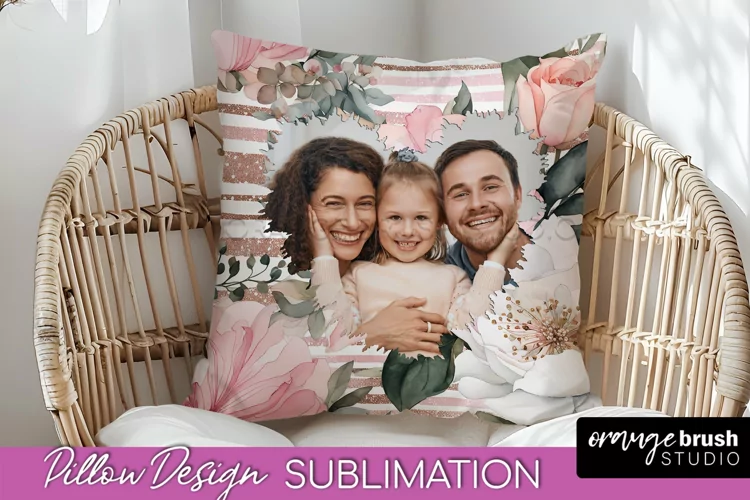 Family Photo Frame Pillow Sublimation - Floral Pillow Cover