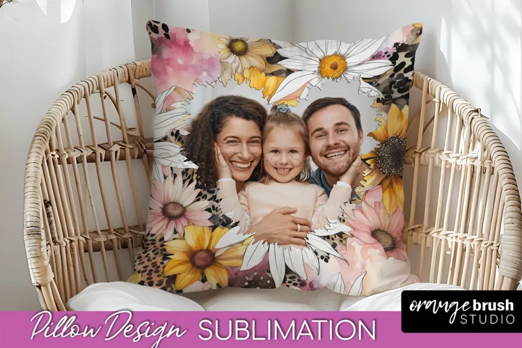 Family Photo Frame Pillow Sublimation - Floral Pillow Cover