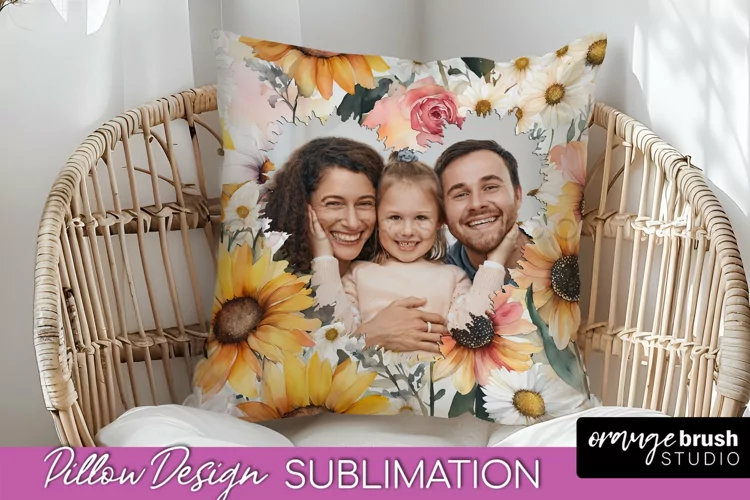 Family Photo Frame Pillow Sublimation - Floral Pillow Cover