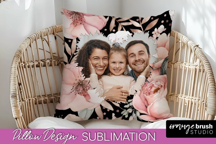 Family Photo Frame Pillow Sublimation - Floral Pillow Cover