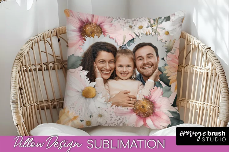 Family Photo Frame Pillow Sublimation - Floral Pillow Cover
