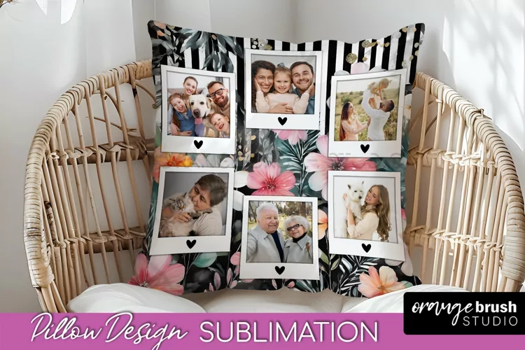 Family Photo Frame Pillow Sublimation - Floral Pillow Cover