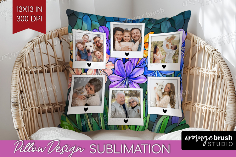 Stained Glass Photo Pillow PNG - Flowers Picture Frame Cover
