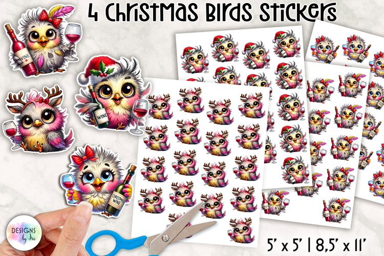 Funny Christmas Birds Stickers, Wine Lover Christmas Sticker