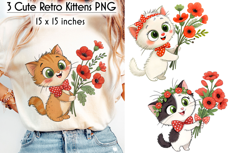 Cute Retro Kittens with Flowers, 3 PNG Clipart Designs