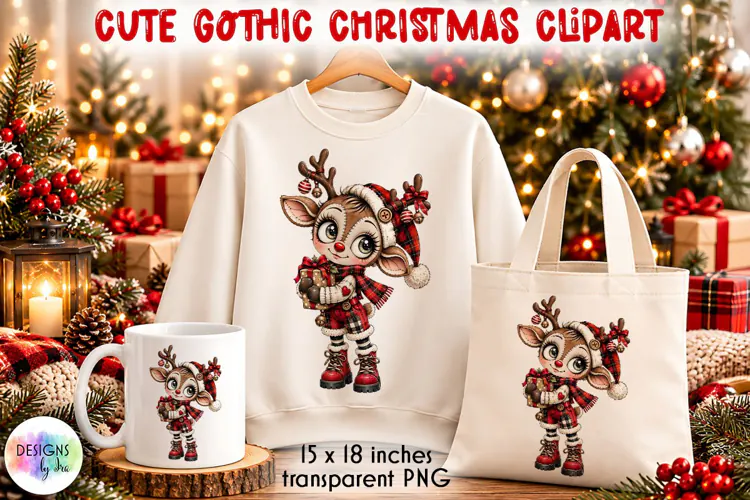 Cute Gothic Christmas Reindeer PNG, Christmas Clipart