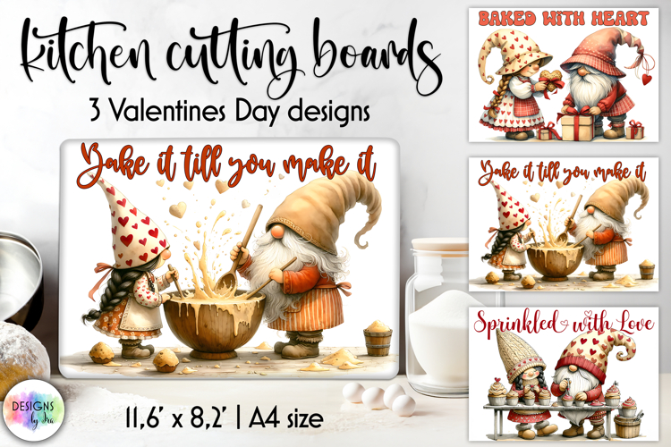 Valentine Gnome Kitchen Cutting Board Designs, Love Baking