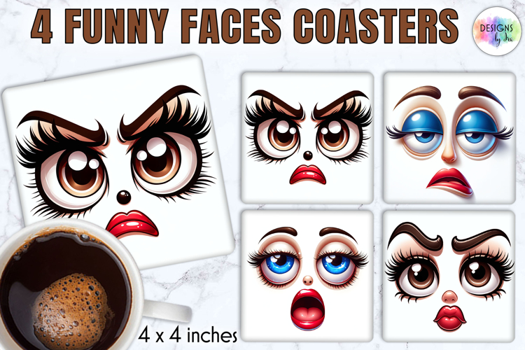 Funny Faces Coasters, Cute Emoji Face Sublimation Designs