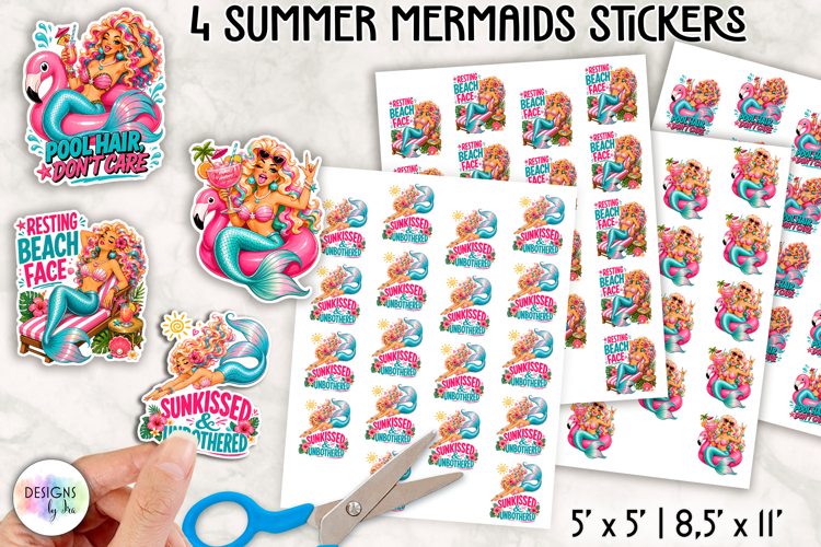 Summer Mermaid Stickers PNG, Tropical Planner Stickers