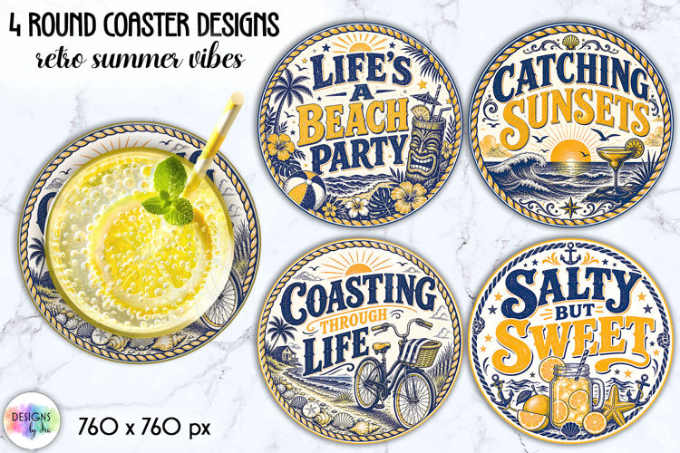Retro Summer Coastal Coaster Sublimation, Beach Cocktails