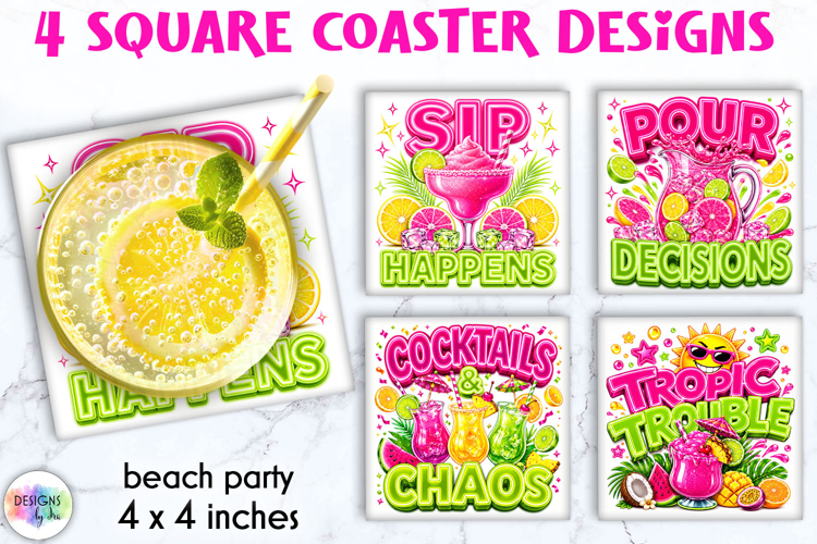 Neon Summer Cocktail Coaster Designs, Tropical Drink Quotes
